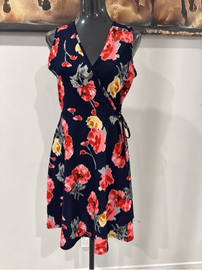SES Navy Floral Sleeveless Wrap Dress – Size 10