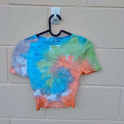 Reworked upcycled boho hippie fairycore multicolour tiedye crop ribbed tshirt xs