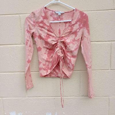 Reworked upcycled boho hippie fairycore pink brown tiedye long sleeve crop xs