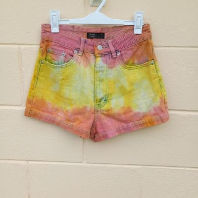 Reworked upcycled boho hippie fairycore pink yellow tiedye denim hi rise shorts
