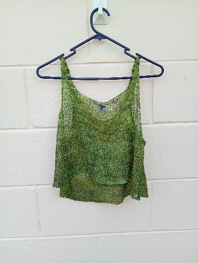 Reworked upcycled boho hippie fairycore Green tiedye crochet crop tank top