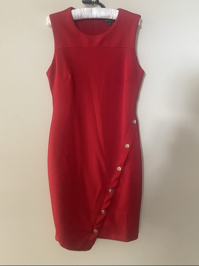 Liz Jordan red midi dress with gold buttons