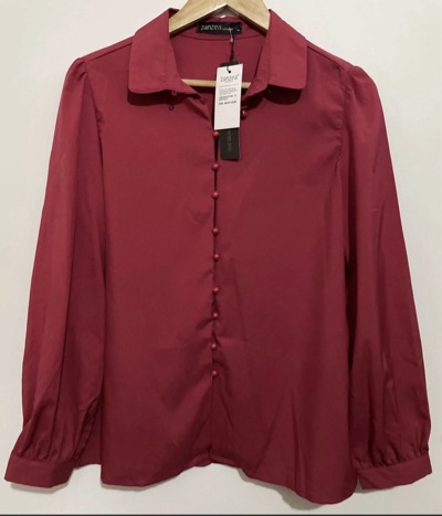 zanzea red collared blouse with puff sleeves size M