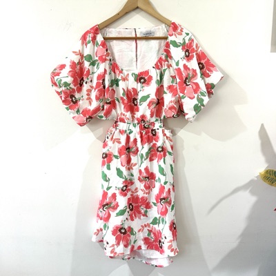 Linen Blend Floral Puff Sleeve Mini Dress AU 14 Cottagecore Garden Party