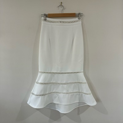 Sheike white flared skirt with cut-out trim size 8